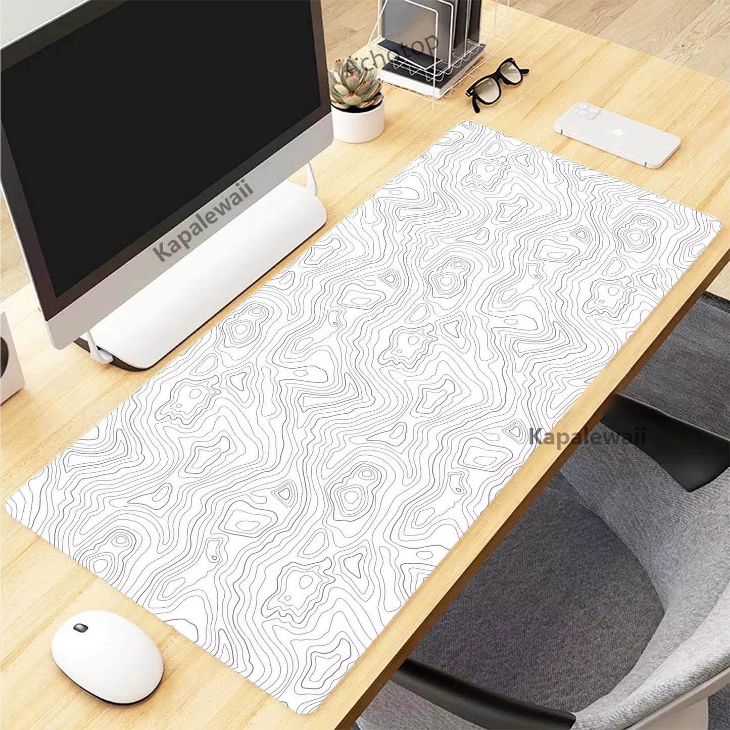 Black and White Topographic Map Art XXL Mouse Pad - 900x400mm Rubber Gaming Setup Accessory
