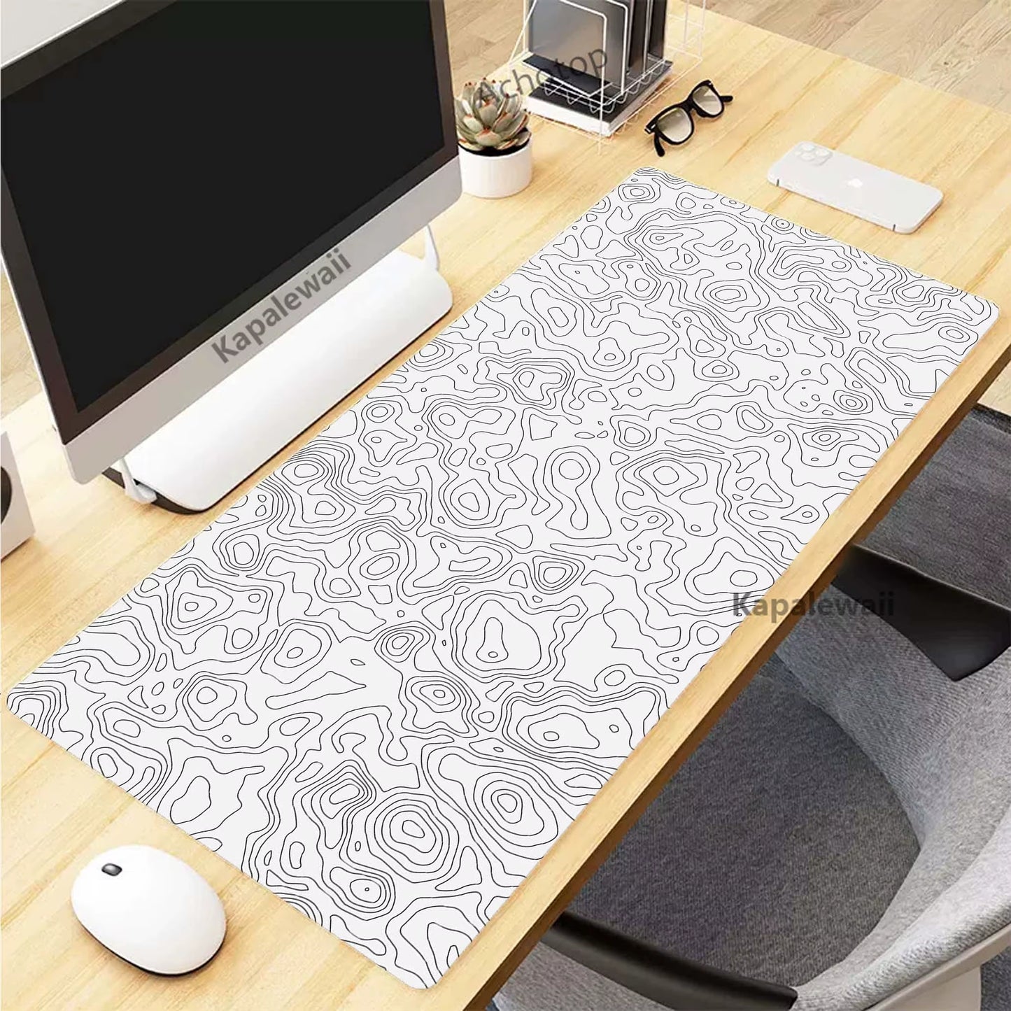 Black and White Topographic Map Art XXL Mouse Pad - 900x400mm Rubber Gaming Setup Accessory