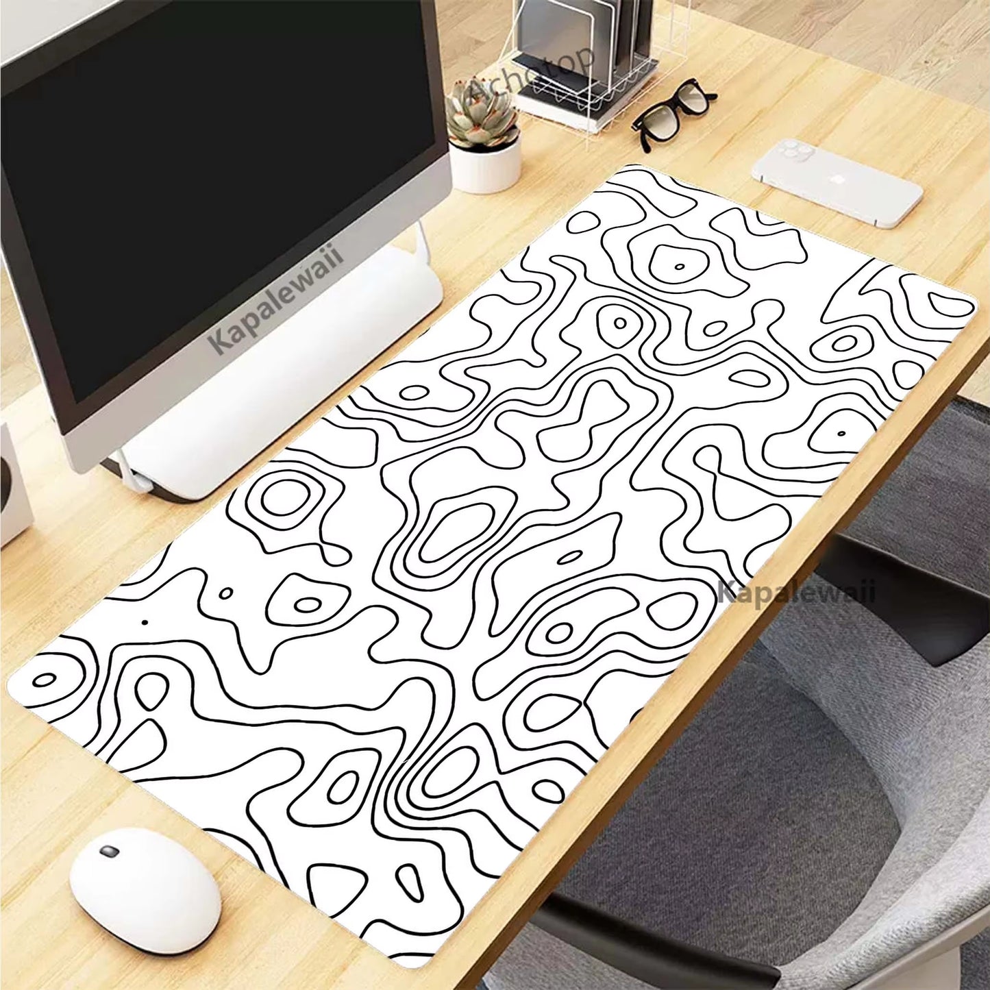 Black and White Topographic Map Art XXL Mouse Pad - 900x400mm Rubber Gaming Setup Accessory