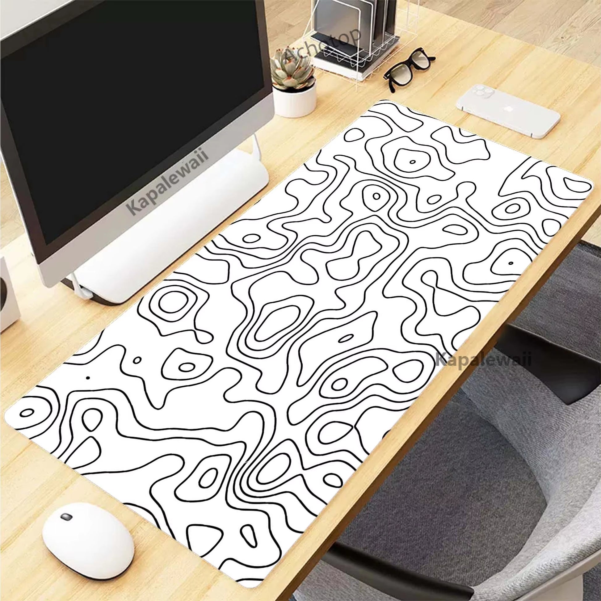 Black and White Topographic Map Art XXL Mouse Pad - 900x400mm Rubber Gaming Setup Accessory
