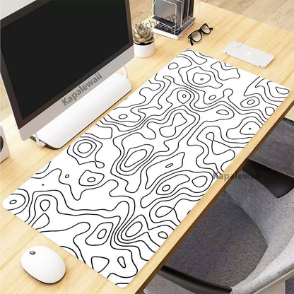 Black and White Topographic Map Art XXL Mouse Pad - 900x400mm Rubber Gaming Setup Accessory