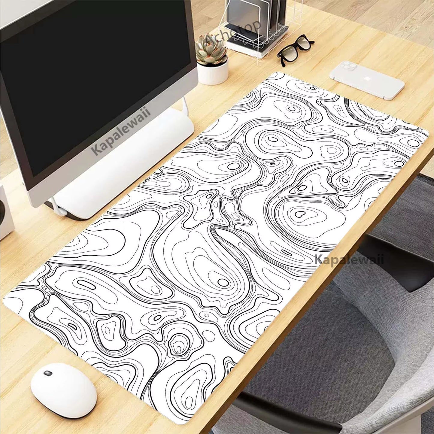 Black and White Topographic Map Art XXL Mouse Pad - 900x400mm Rubber Gaming Setup Accessory