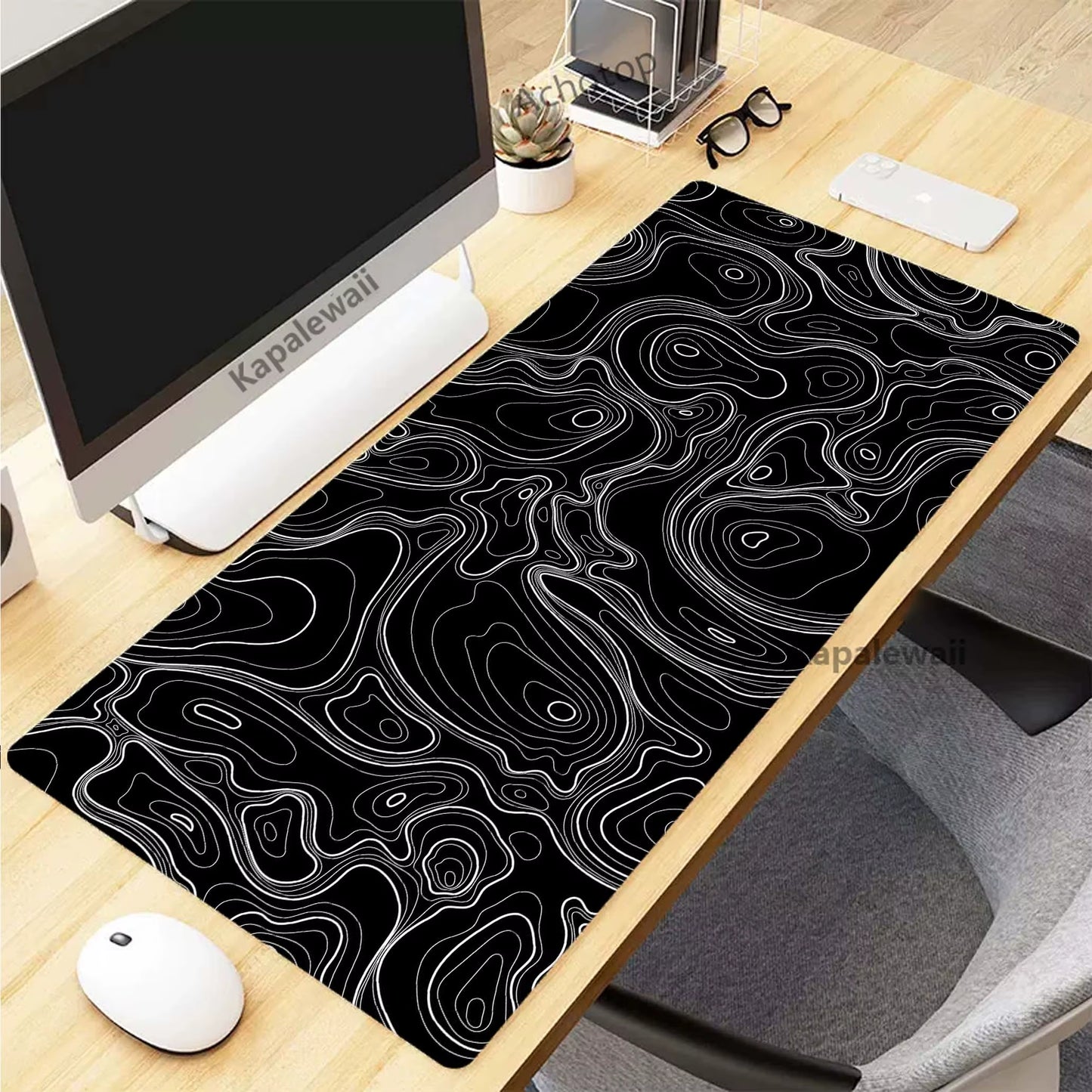 Black and White Topographic Map Art XXL Mouse Pad - 900x400mm Rubber Gaming Setup Accessory