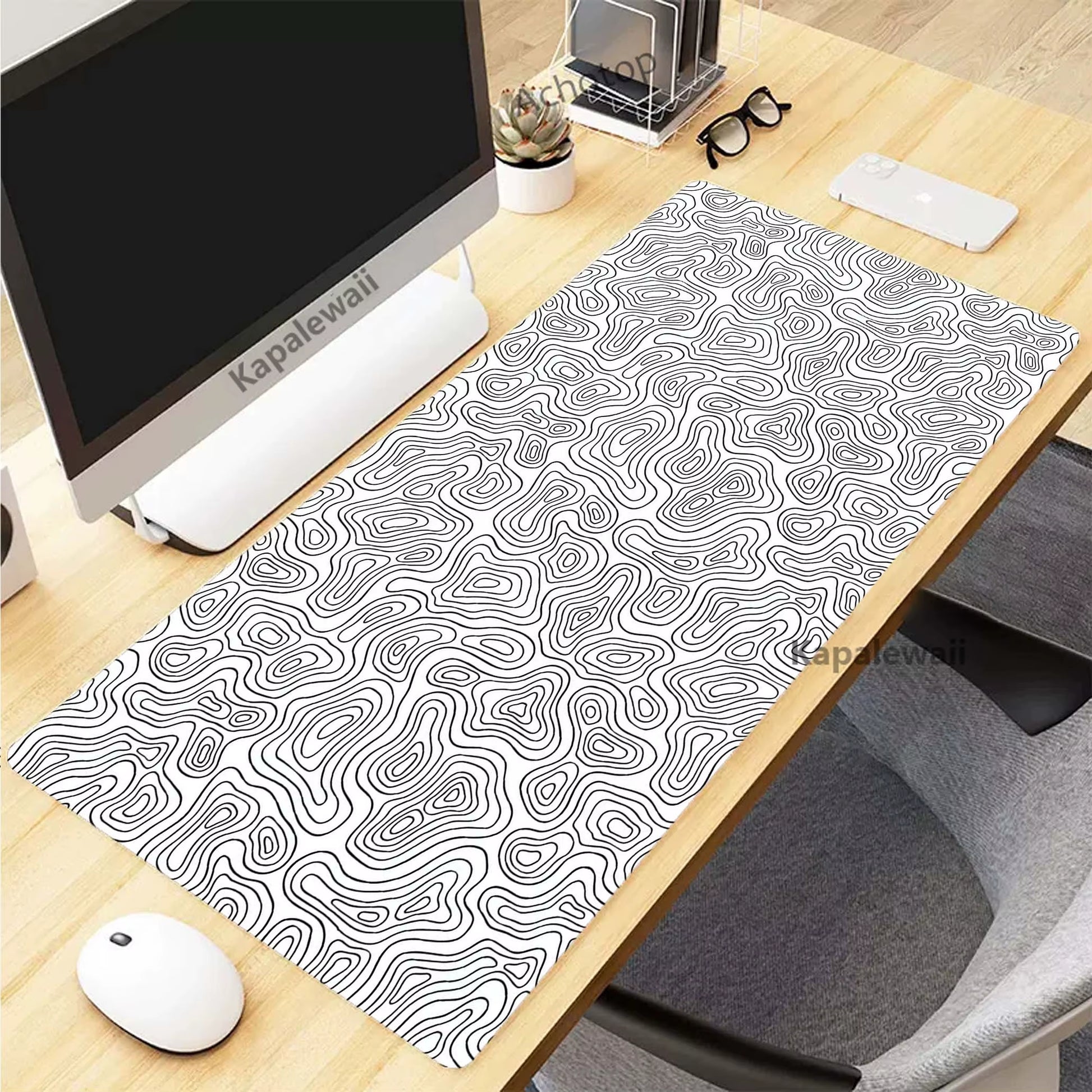 Black and White Topographic Map Art XXL Mouse Pad - 900x400mm Rubber Gaming Setup Accessory