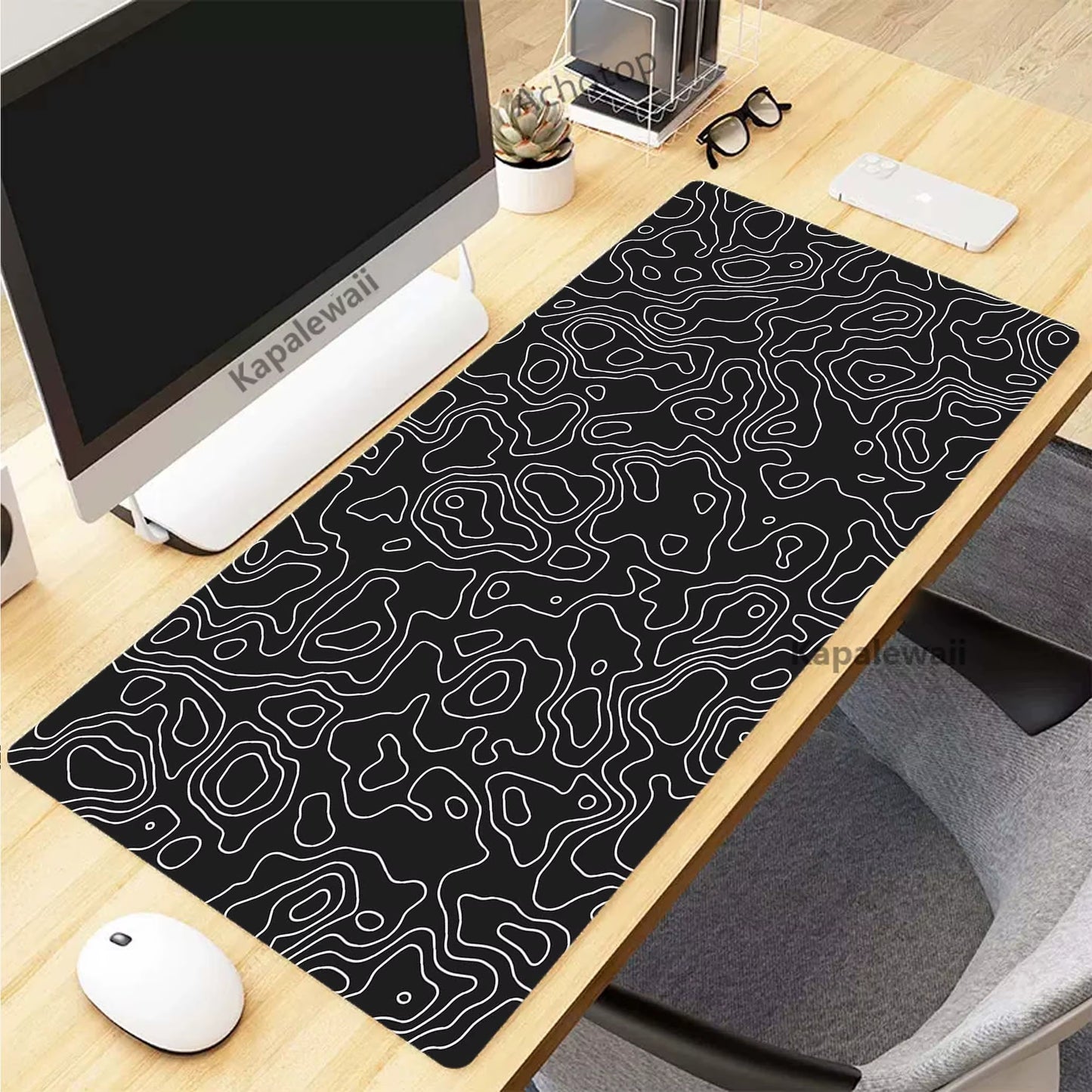 Black and White Topographic Map Art XXL Mouse Pad - 900x400mm Rubber Gaming Setup Accessory