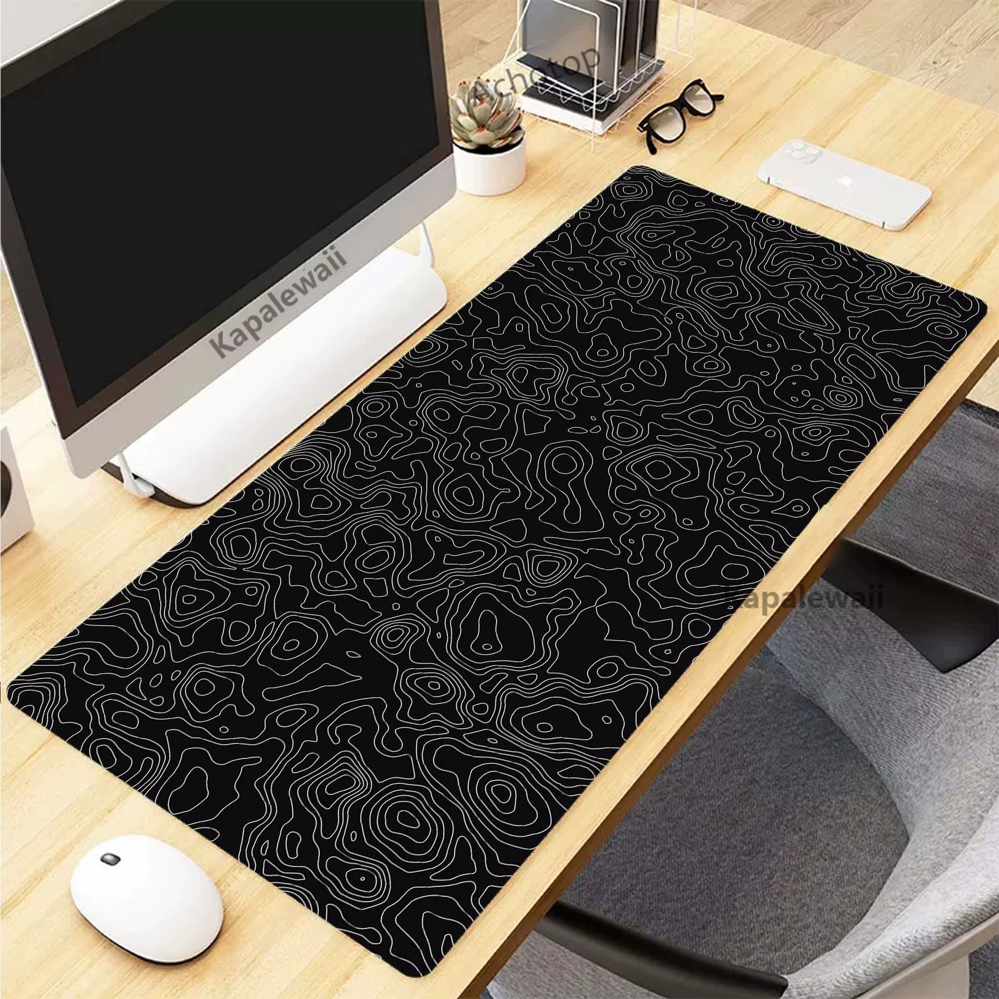 Black and White Topographic Map Art XXL Mouse Pad - 900x400mm Rubber Gaming Setup Accessory