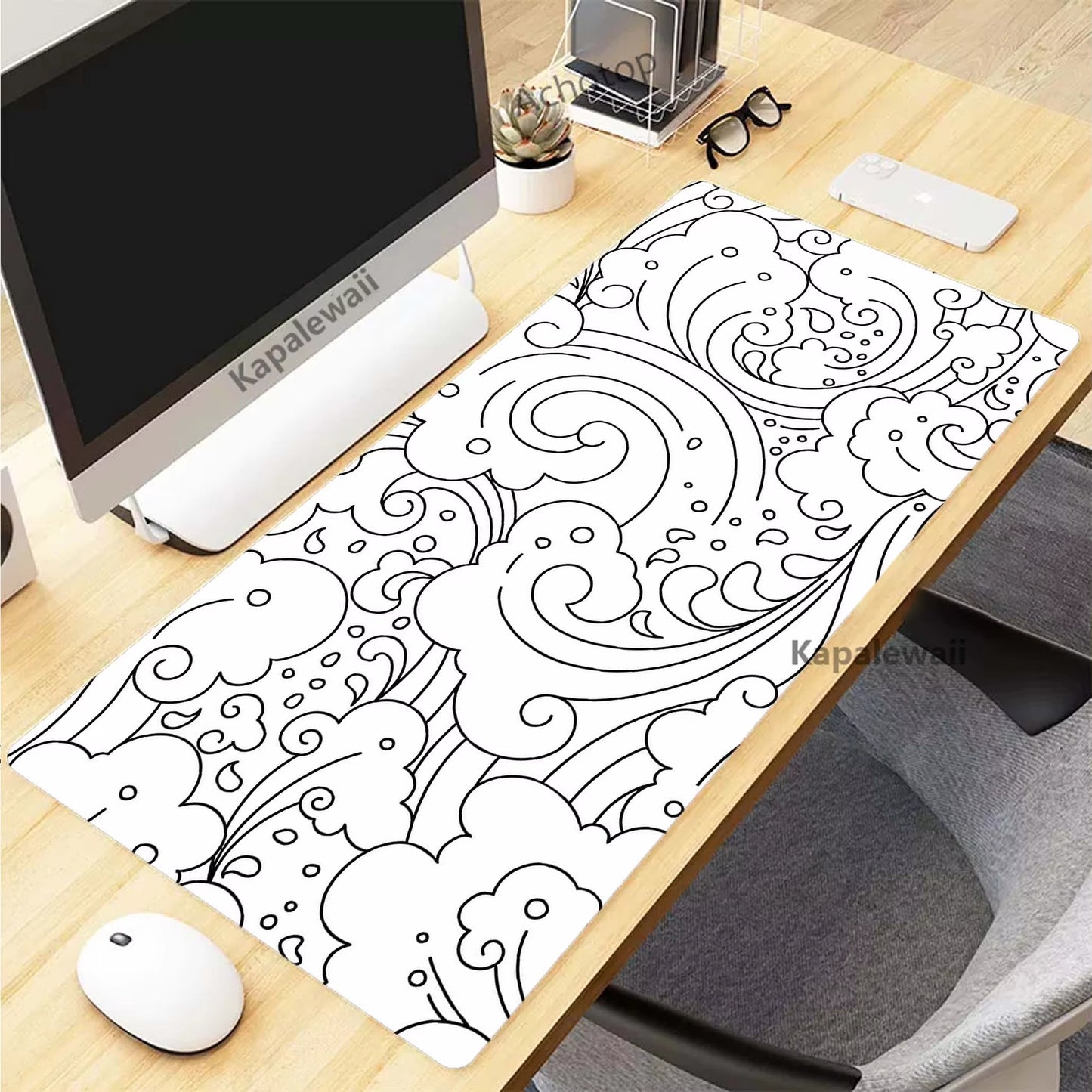 Black and White Topographic Map Art XXL Mouse Pad - 900x400mm Rubber Gaming Setup Accessory