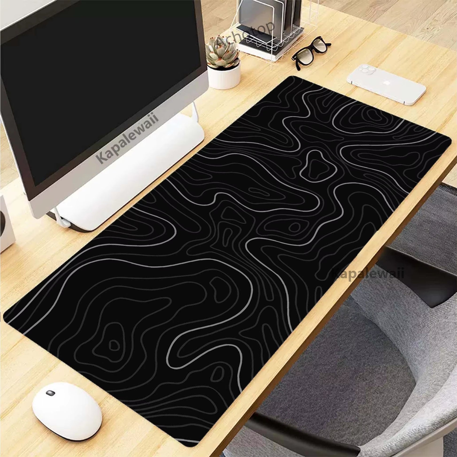 Black and White Topographic Map Art XXL Mouse Pad - 900x400mm Rubber Gaming Setup Accessory