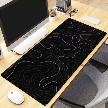 Black and White Topographic Map Art XXL Mouse Pad - 900x400mm Rubber Gaming Setup Accessory
