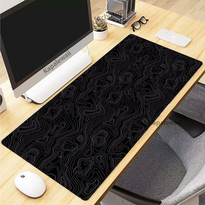 Black and White Topographic Map Art XXL Mouse Pad - 900x400mm Rubber Gaming Setup Accessory